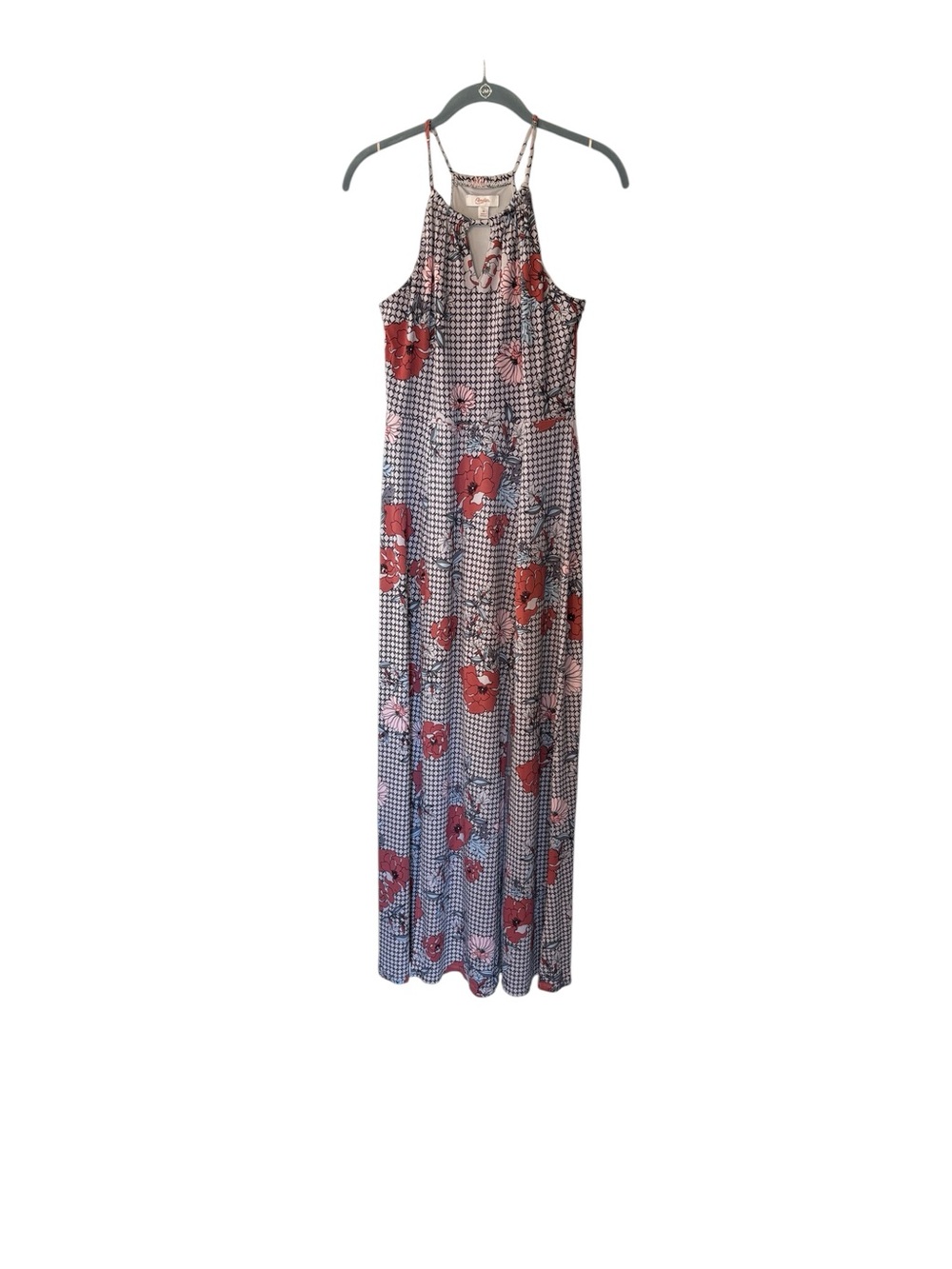 Candie's Navy Gingham Maxi Dress with Red Floral Print